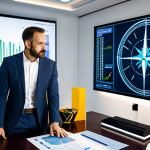 A professional man in his late 30s, wearing a modest business casual suit jacket and collared shirt, stands in a modern, well-lit study. He is attentively looking at a financial chart on a holographic display, holding a symbolic golden compass in his left hand, subtly suggesting guidance in investment. On the sleek desk behind him, several small, colorful spheres are carefully arranged in a varied pattern, illustrating the concept of diversification. The atmosphere is calm and focused. fully clothed, modest clothing, appropriate attire, professional dress, perfect anatomy, correct proportions, natural pose, well-formed hands, proper finger count, natural body proportions, safe for work, appropriate content, professional photography, high quality.