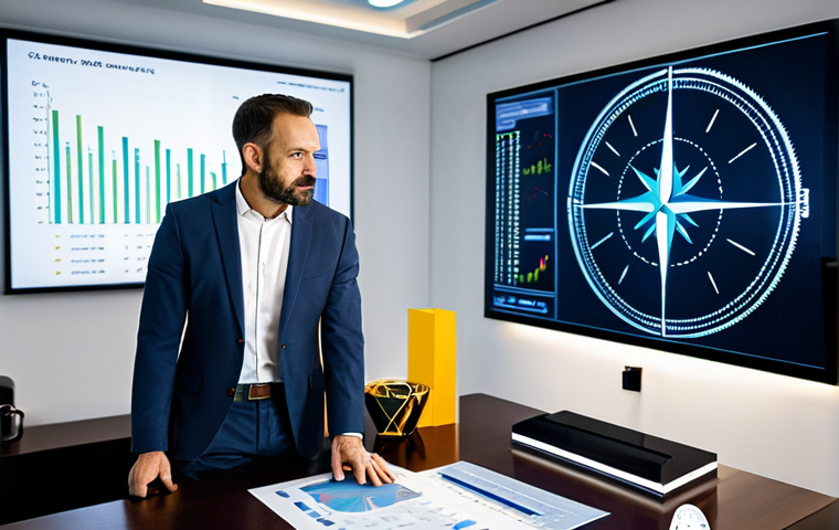 A professional man in his late 30s, wearing a modest business casual suit jacket and collared shirt, stands in a modern, well-lit study. He is attentively looking at a financial chart on a holographic display, holding a symbolic golden compass in his left hand, subtly suggesting guidance in investment. On the sleek desk behind him, several small, colorful spheres are carefully arranged in a varied pattern, illustrating the concept of diversification. The atmosphere is calm and focused. fully clothed, modest clothing, appropriate attire, professional dress, perfect anatomy, correct proportions, natural pose, well-formed hands, proper finger count, natural body proportions, safe for work, appropriate content, professional photography, high quality.