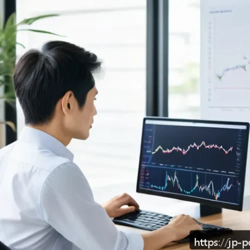 투자 목표에 따른 자산 배분 - A modern Japanese investor sitting at a sleek desk in a bright, minimalist home office, analyzing a ...