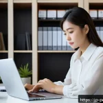초보자를 위한 채권 투자 가이드 - A modern Japanese office scene showing a young Japanese professional woman thoughtfully reviewing bo...