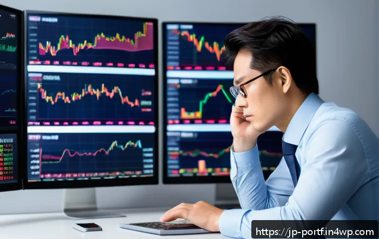 투자 성향 진단과 포트폴리오 선택 - A modern Japanese investor sitting calmly at a minimalist desk with multiple digital screens display...