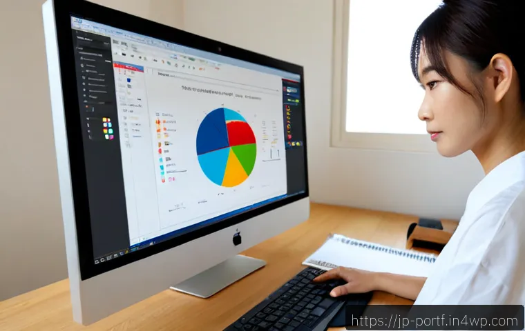 포트폴리오 성공 사례 분석 - Photorealistic Japanese creative professional reviewing a successful portfolio case study on a large...